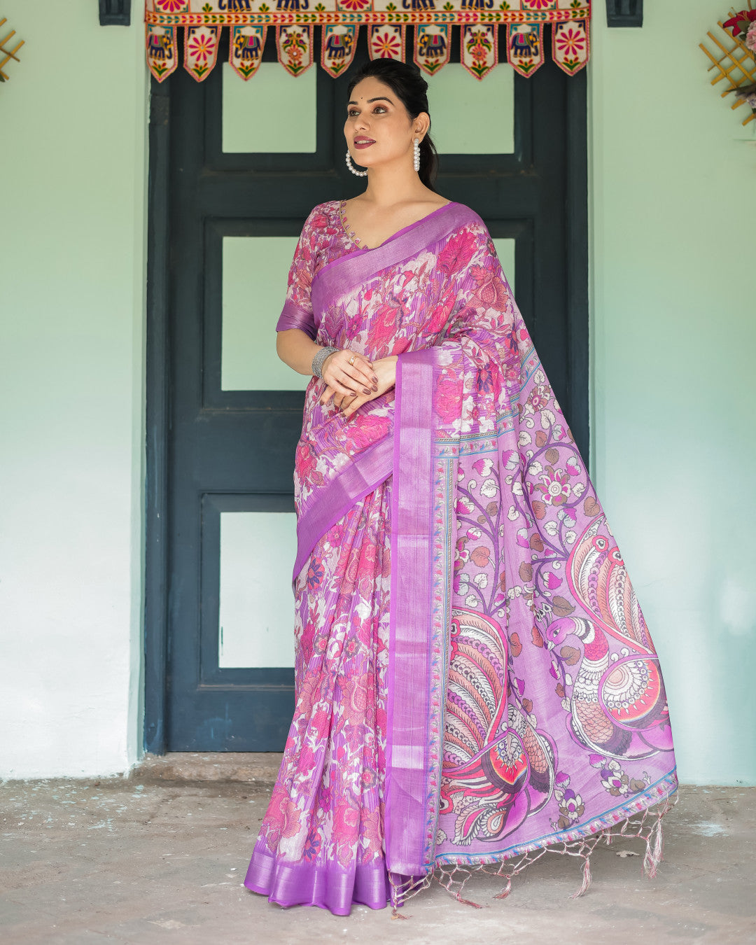 Pink Kalamkari Digital Printed Linen Cotton Saree | Summer Casual & Ethnic Wear – JaipurSaaj
