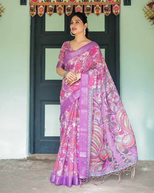 Pink Soft Linen Cotton Saree With Kalamkari Digital Printed Work