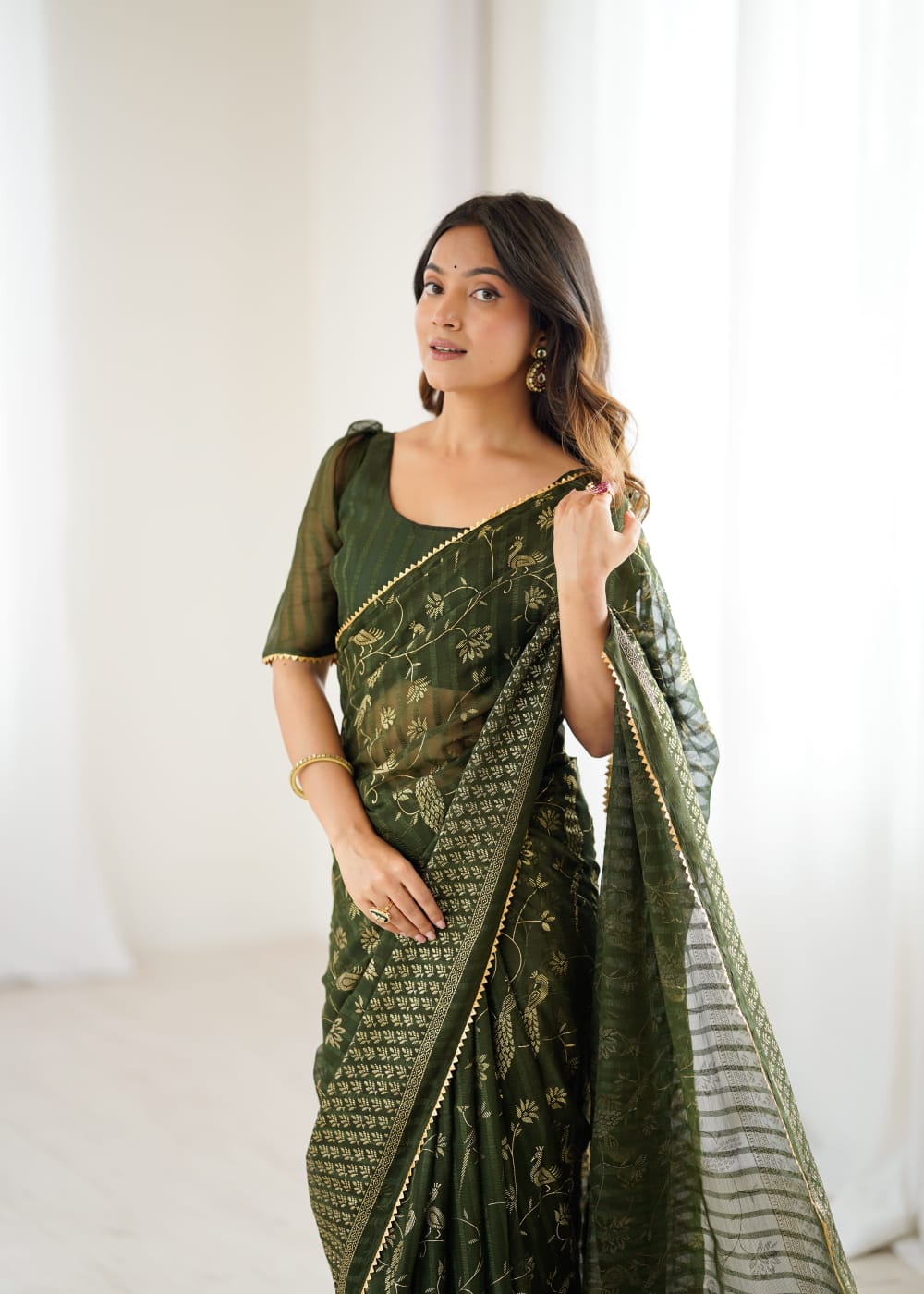 Mahendi Green Color Georgette Saree With Digital Printed Work And Lace Border