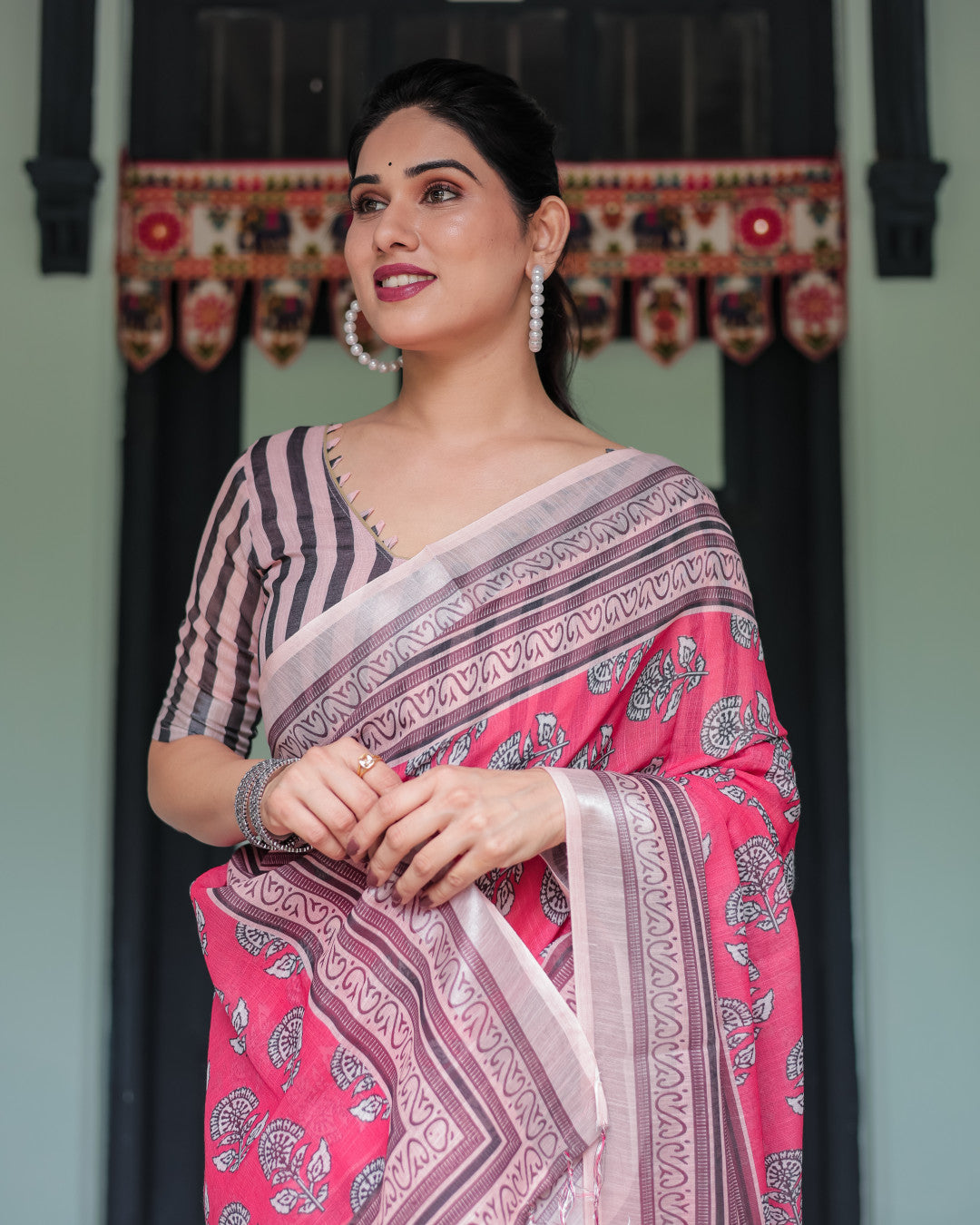 Gajari Soft Linen Cotton Saree With Digital Printed Work