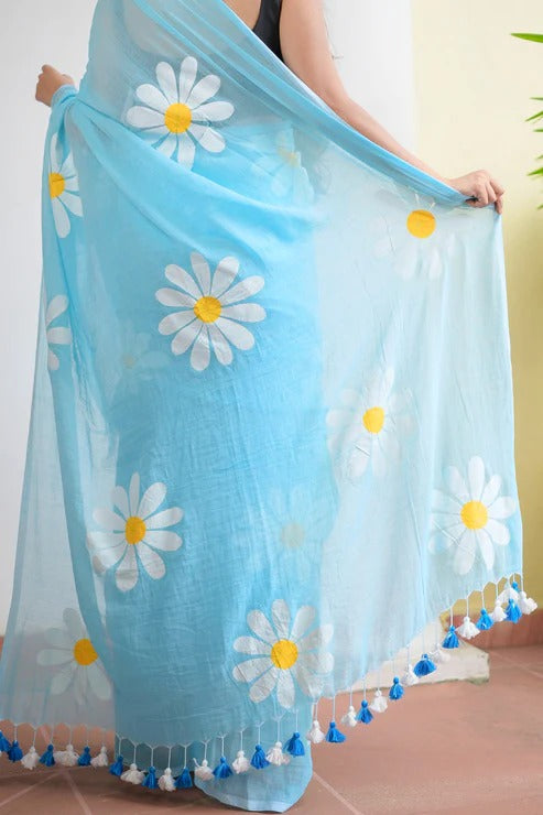 Sky Blue Fancy Khadi Cotton Saree With Flower Printed Work