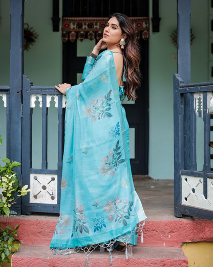 Sky Blue Floral Digital Printed Linen Cotton Saree | Office & Casual Ethnic Wear – JaipurSaaj