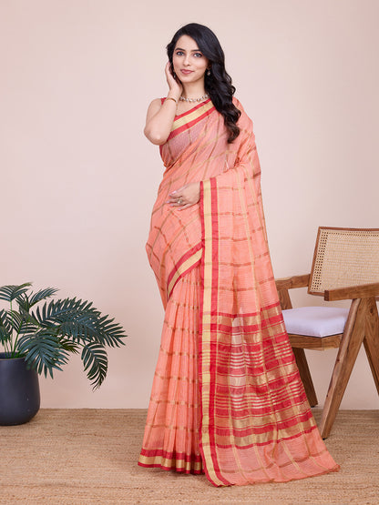 Peach Kota Doriya Saree With Zari Weaving Work