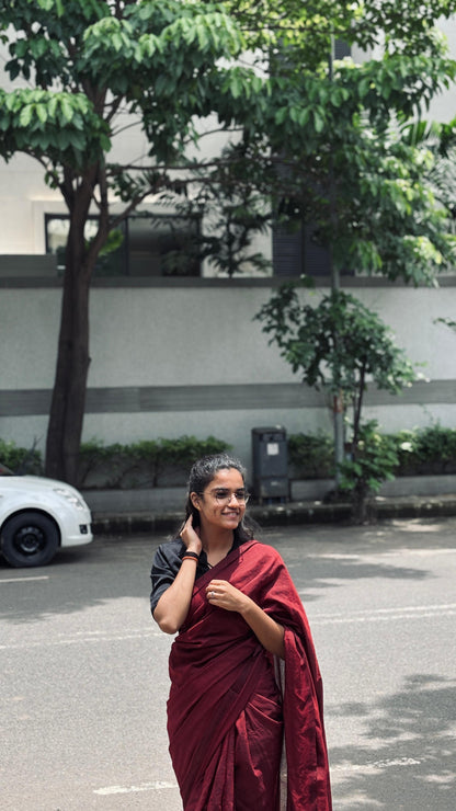 Maroon Plain Khadi Cotton Saree With Fancy Tassel Work