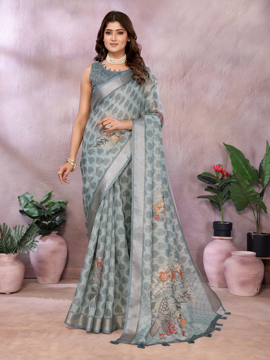 Gray Linen Cotton Saree With Digital Printed Work And Silver Zari Border