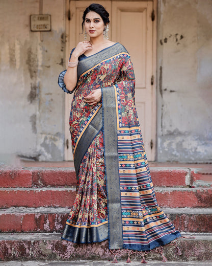 Mult Color Tussar Silk Saree With Digital Kalamkari Print & Zari Motif Border | Casual & Festive Wear – JaipurSaaj