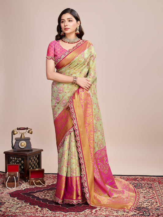 Pista Kanjivaram Silk Saree With Zari Weaving Work | Bridal Wedding Wear – JaipurSaaj