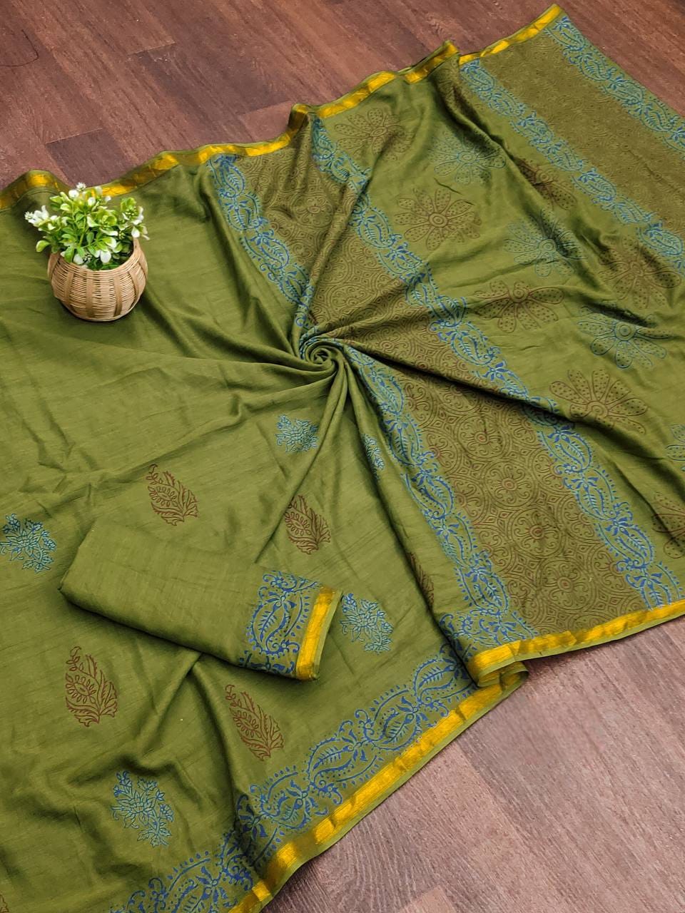 Mahendi Green Muslin Cotton Silk Saree With Hand Block Print & Zari Border | Ethnic Wear – JaipurSaaj
