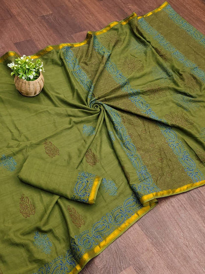 Mahendi Green Muslin Cotton Silk Saree With Hand Block Print & Zari Border | Ethnic Wear – JaipurSaaj