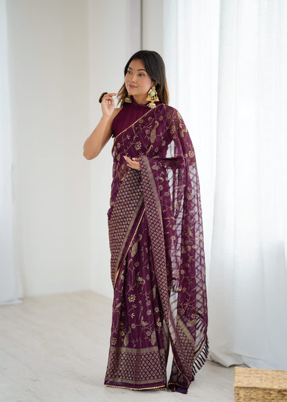 Wine Color Georgette Saree With Digital Printed Work And Lace Border