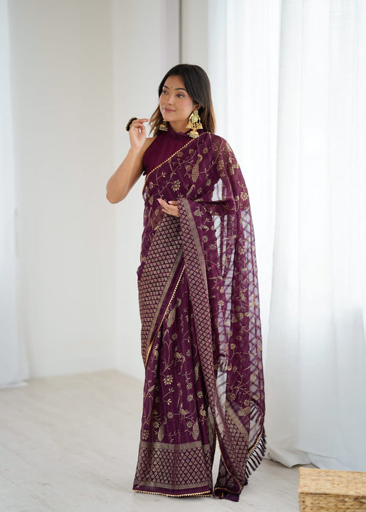 Wine Color Georgette Saree With Digital Printed Work And Lace Border