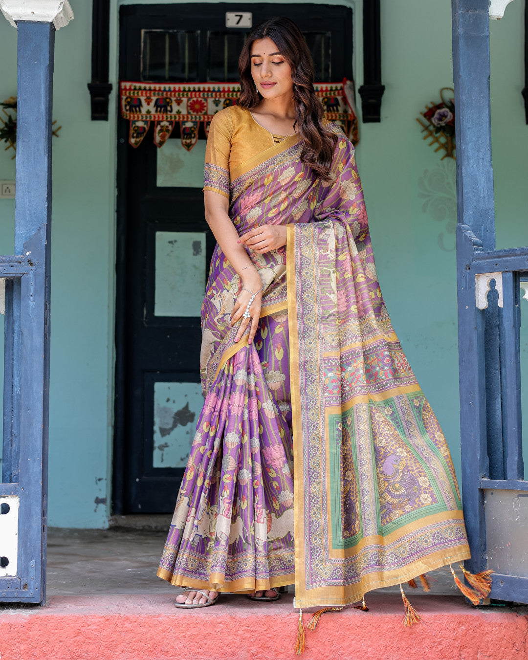 Multi Color Kalamkari Digital Printed Linen Cotton Saree | Summer Casual & Ethnic Wear – JaipurSaaj