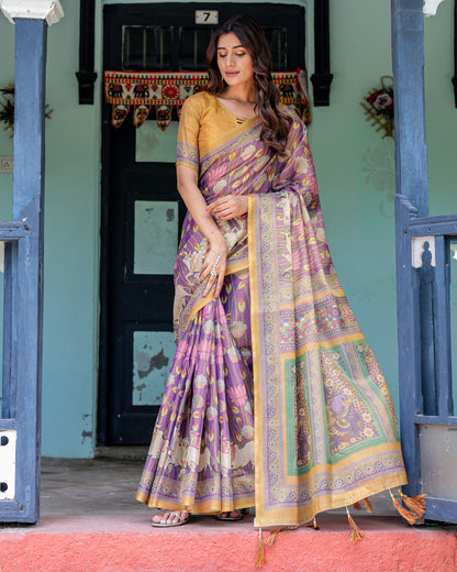 Multi Color Kalamkari Digital Printed Linen Cotton Saree | Summer Casual & Ethnic Wear – JaipurSaaj