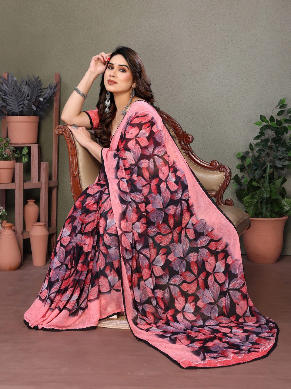 Pink Soft Chiffon Saree With Printed Work And Lace Border