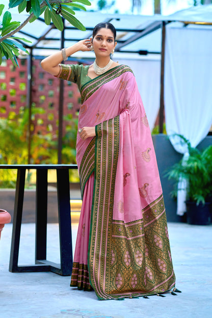 Full length view of baby pink Banarasi silk saree with zari weaving work