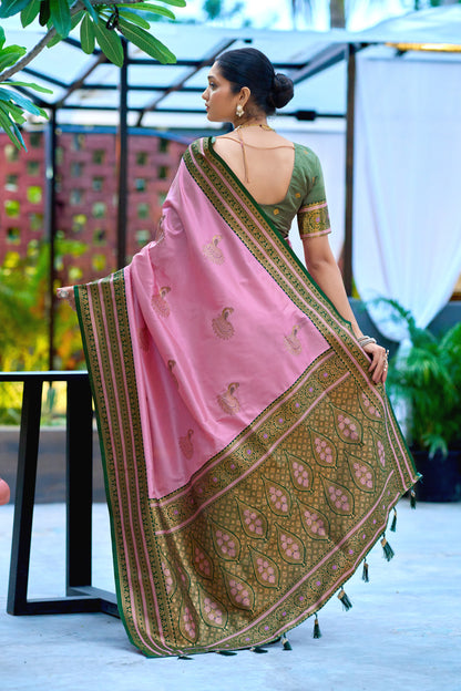 Back view of baby pink Banarasi silk saree showing zari woven pallu design