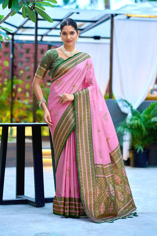 Baby pink soft Banarasi silk saree with zari weaving work and contrast border by JaipurSaaj