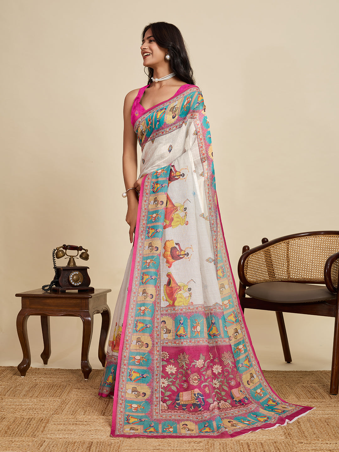 Off White Linen Cotton Saree With Digital Printed Work And Silver Zari Border | Lightweight Festive & Party Wear – JaipurSaaj