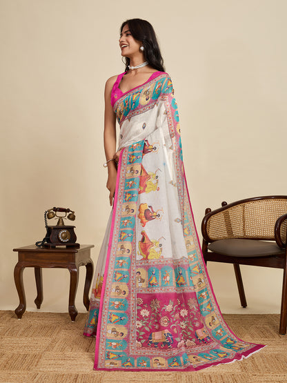 Off White Linen Cotton Saree With Digital Printed Work And Silver Zari Border | Lightweight Festive & Party Wear – JaipurSaaj