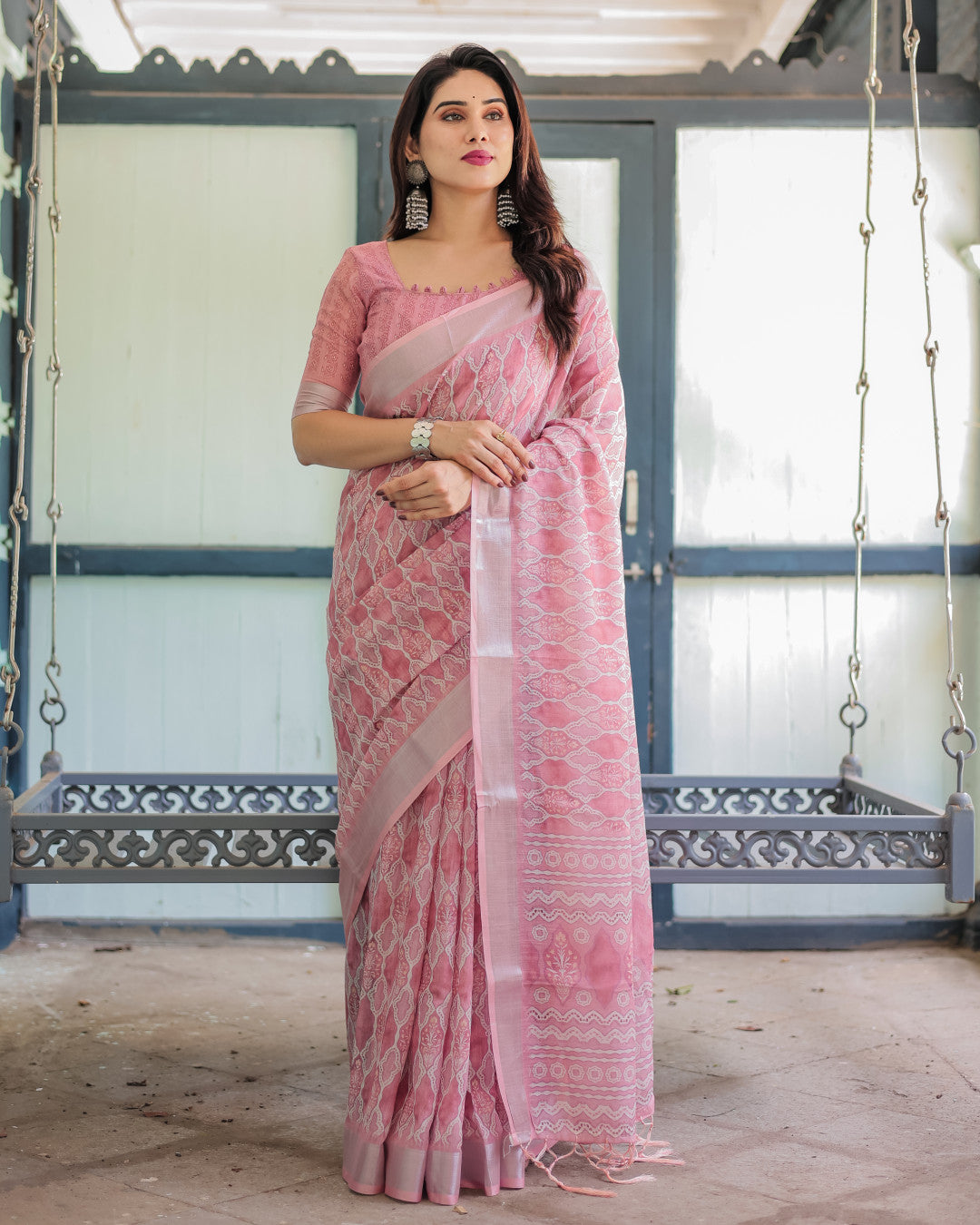 Baby Pink Summer Special Digital Printed Linen Cotton Saree