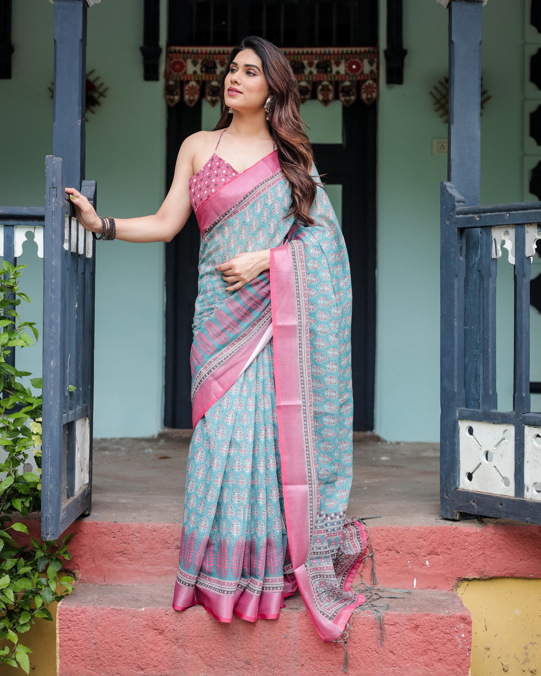Sky Blue Summer Special Digital Printed Linen Cotton Saree