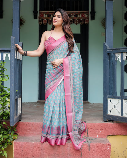 Sky Blue Summer Special Digital Printed Linen Cotton Saree