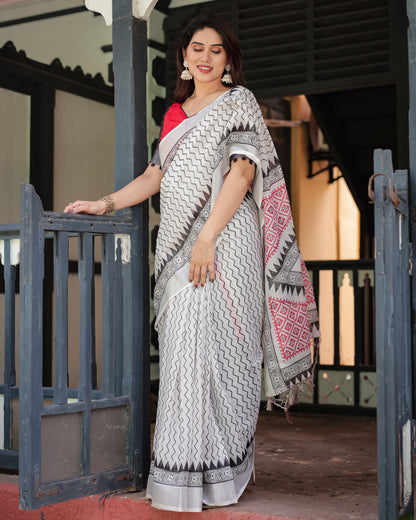 White Summer Special Digital Printed Linen Cotton Saree