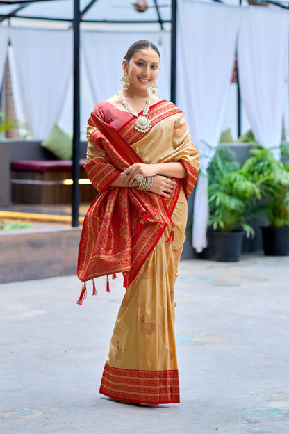 Full length view of beige Banarasi silk saree with zari weaving work