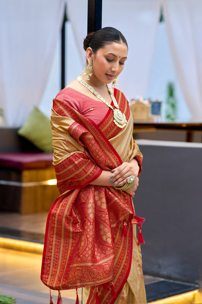 Beige Banarasi silk saree with zari weaving and contrast border side drape look