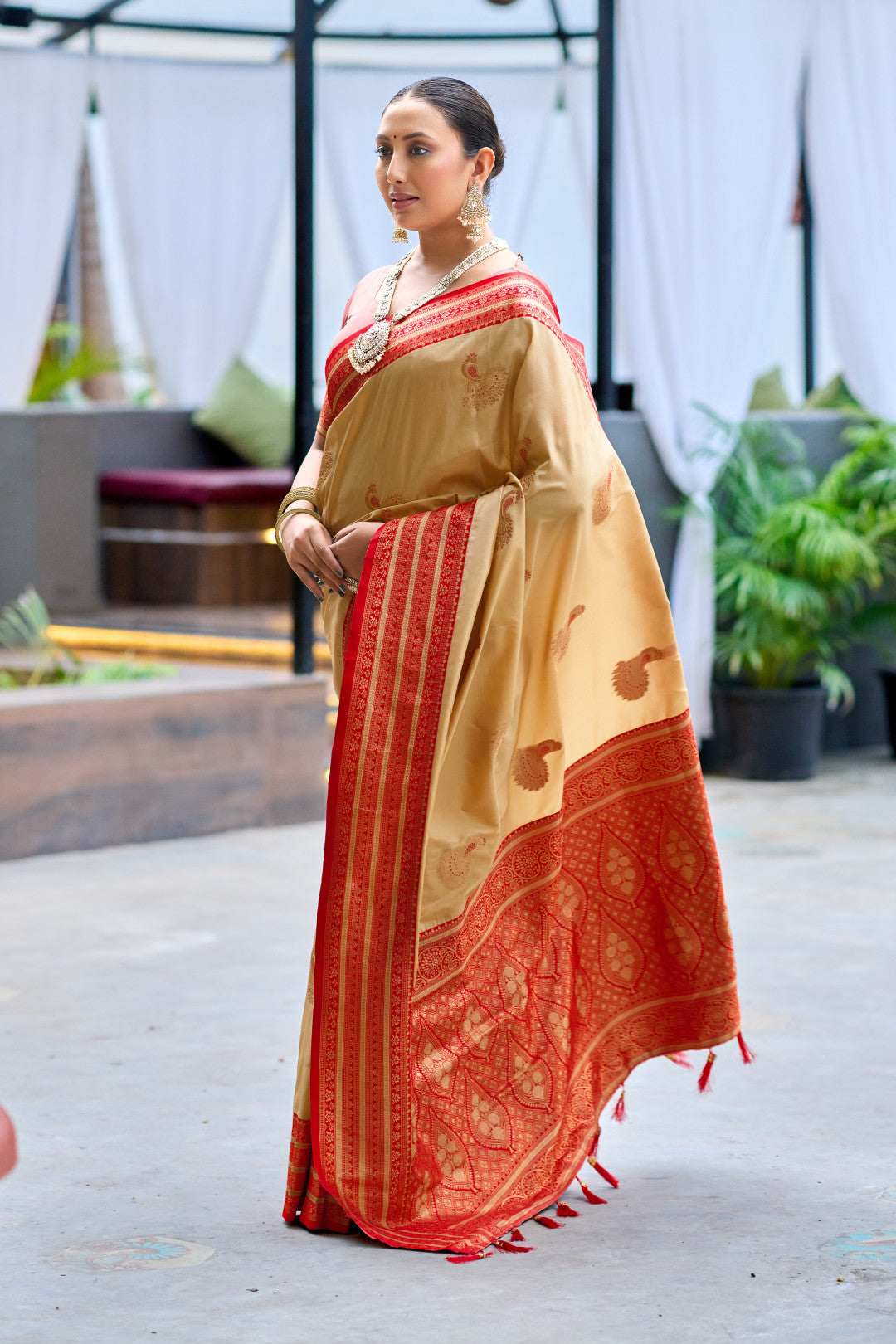 Beige Banarasi silk saree with contrast zari border in flowing drape look