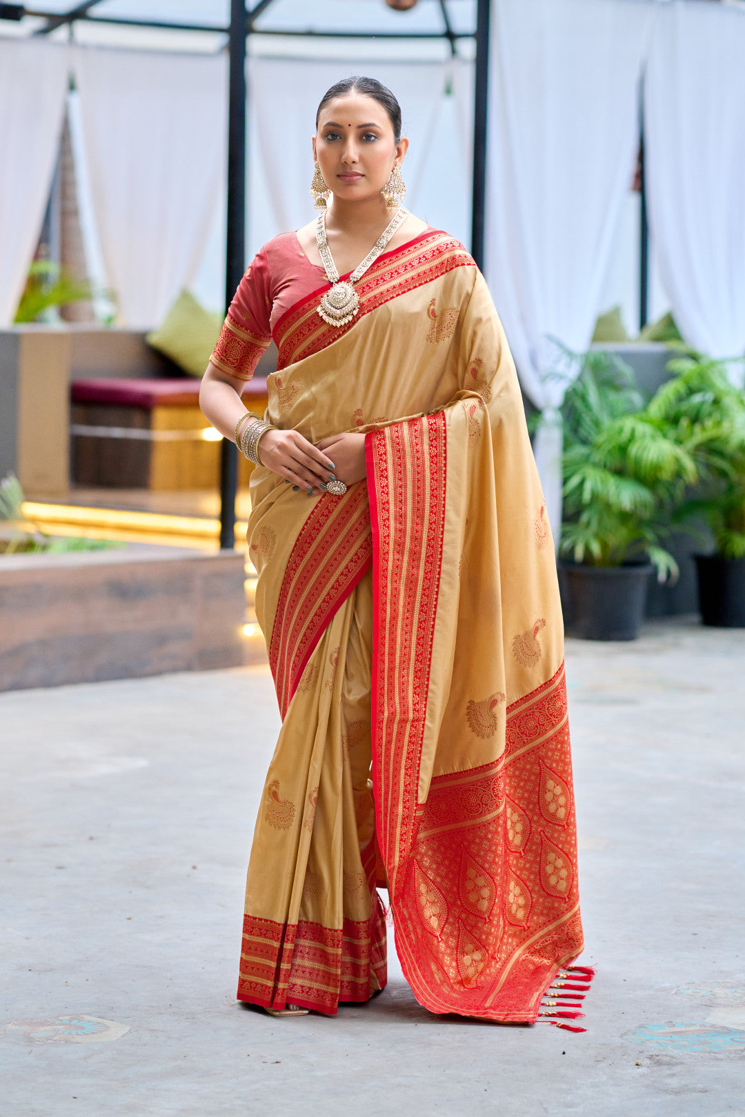 Beige soft Banarasi silk saree with zari weaving work and contrast border by JaipurSaaj