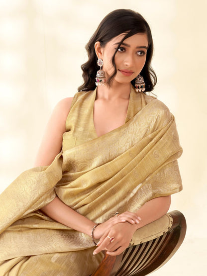 Close portrait of beige tissue linen silk saree highlighting rich zari pallu and fabric texture