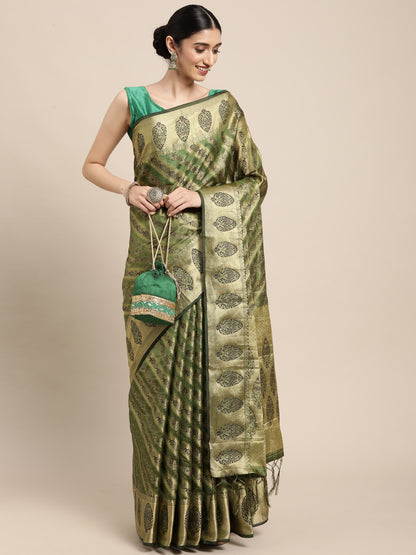 Green Organza Silk Saree With Zari Weaving Work