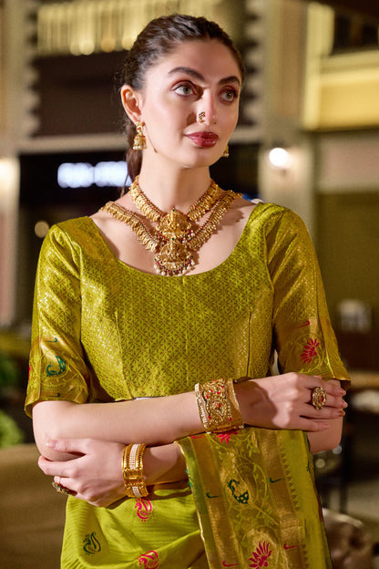 Traditional Parrot Green Paithani Silk Saree With Zari Weaving Work