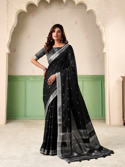 Woman wearing black linen silk saree with thread woven butti design full front view
