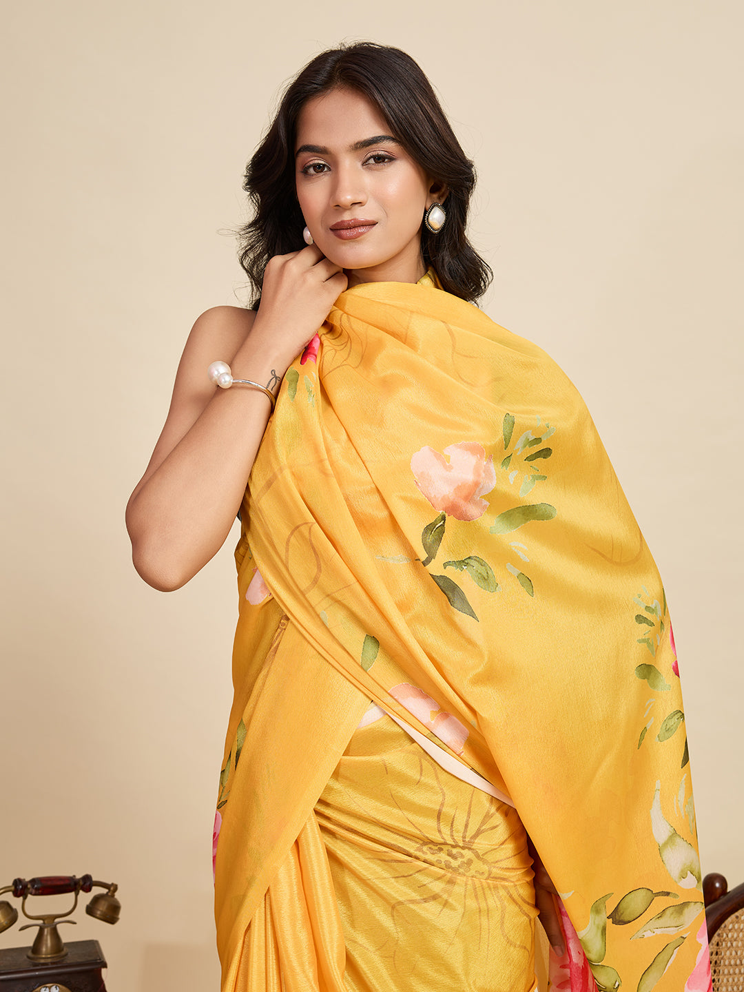 Yellow Soft Chinnon Silk Saree With Digital Printed Work