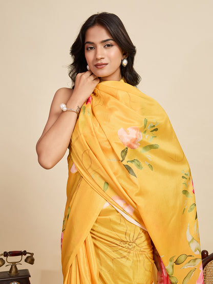 Yellow Soft Chinnon Silk Saree With Digital Printed Work