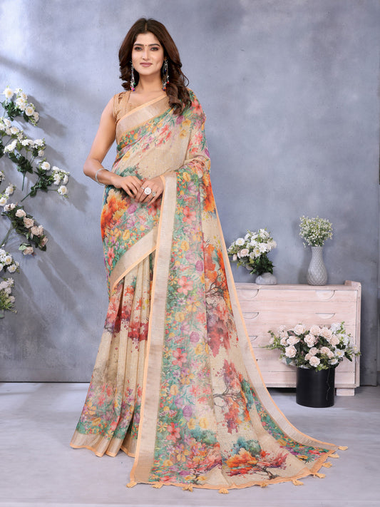 Beige Linen Cotton Saree With Digital Printed Work And Silver Zari Border