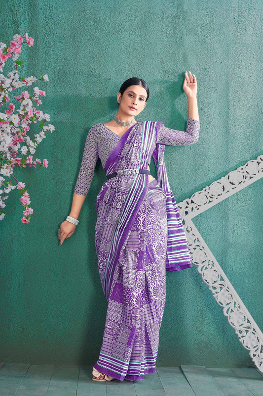 Purple Color Soft Pure Cotton Silk Saree With Bagru Print Work