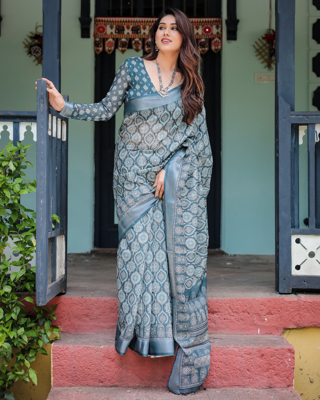 Teal Blue Summer Special Digital Printed Linen Cotton Saree