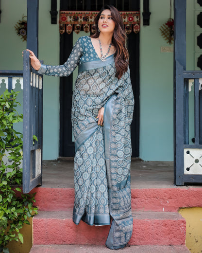 Teal Blue Summer Special Digital Printed Linen Cotton Saree