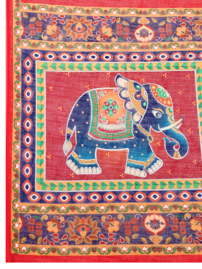 Red Linen Cotton Saree With Digital Printed Work And Silver Zari Border