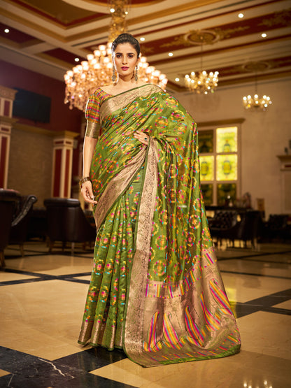 Mahendi Green Green Organza Silk Saree with Zari Weaving Work | Wedding & Festive Wear – JaipurSaaj
