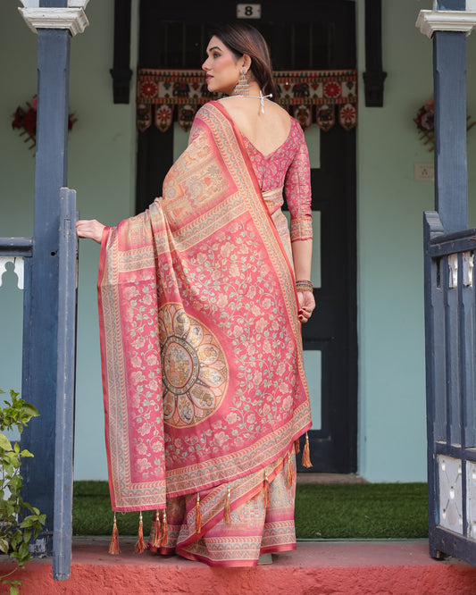Multi Soft Linen Cotton Saree With Kalamkari Printed Work