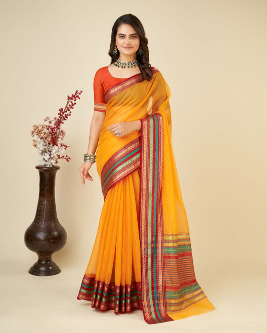 Mustard Yellow Color Doriya Cotton Saree With Woven Design