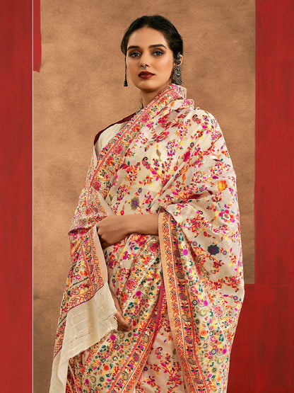 White Pashmina Silk Saree With Traditional Woven Design | Festive & Wedding Wear – JaipurSaaj