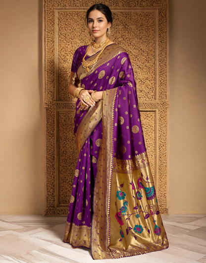 Wine Paithani Silk Saree With Zari Weaving Work