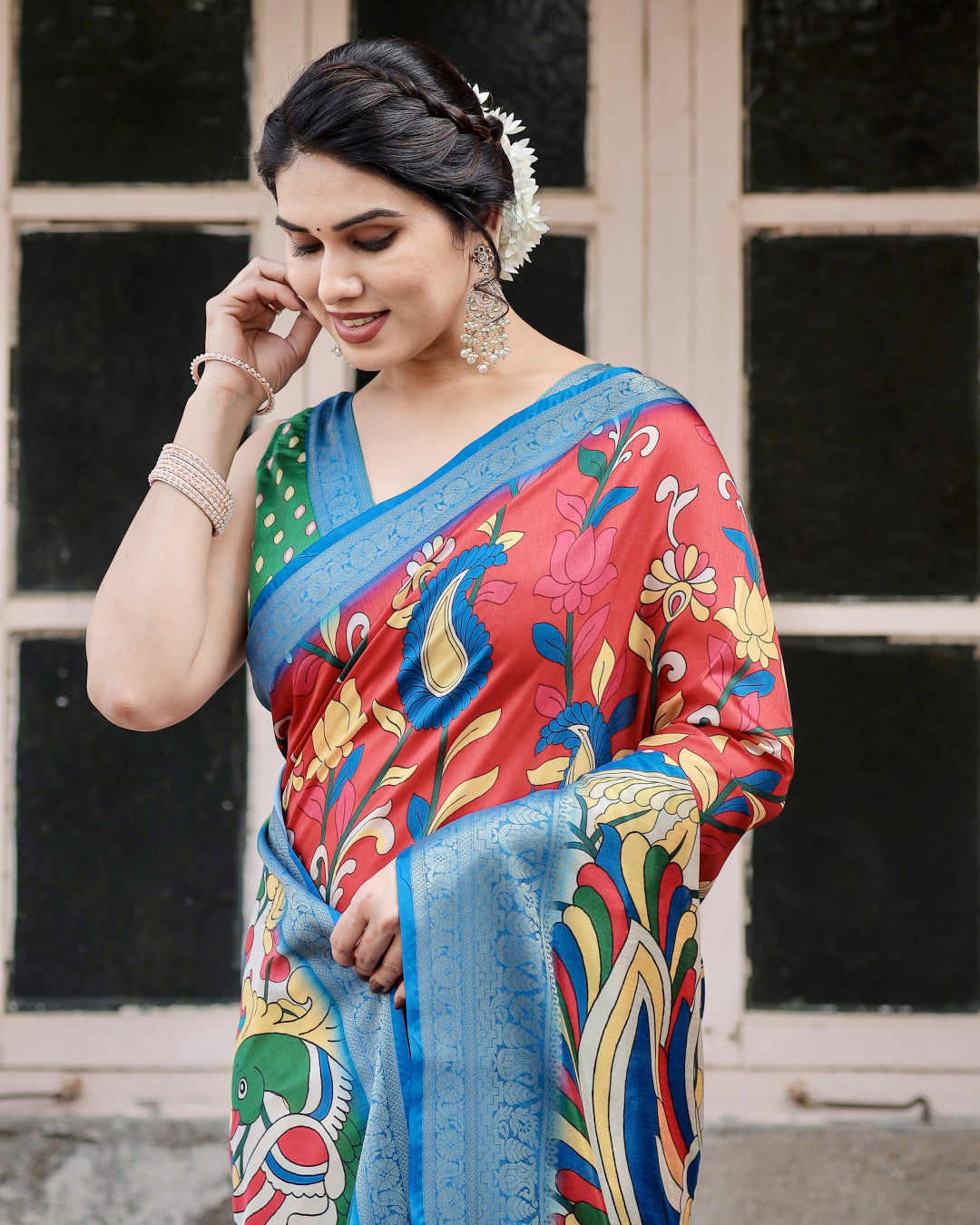 Multi Kalamakari Floral Printed Tussar Silk Saree With Zari Motif Border | Festive Ethnic Wear – JaipurSaaj