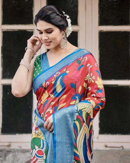 Multi Kalamakari Floral Printed Tussar Silk Saree With Zari Motif Border | Festive Ethnic Wear – JaipurSaaj