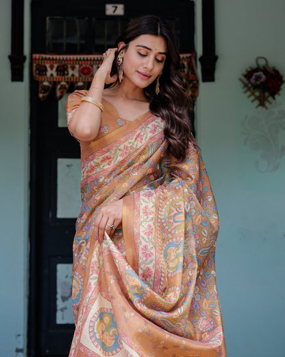 Multi Color Kalamkari Digital Printed Linen Cotton Saree | Summer Casual & Ethnic Wear – JaipurSaaj